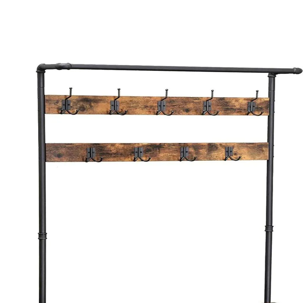 72 Inch Industrial Metal Coat Rack, Wood Bench, Two Wire Mesh Shelves, Rustic Brown, Black By Casagear Home