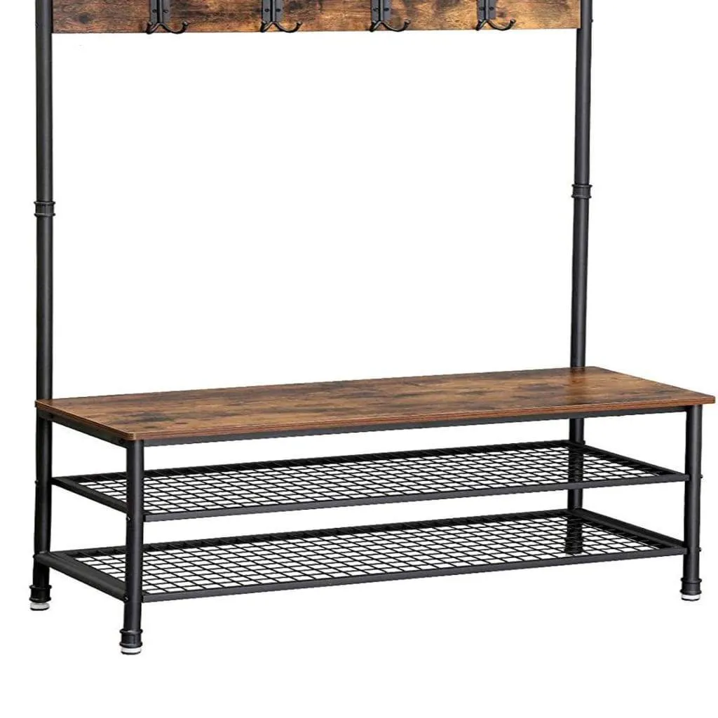 72 Inch Industrial Metal Coat Rack, Wood Bench, Two Wire Mesh Shelves, Rustic Brown, Black By Casagear Home