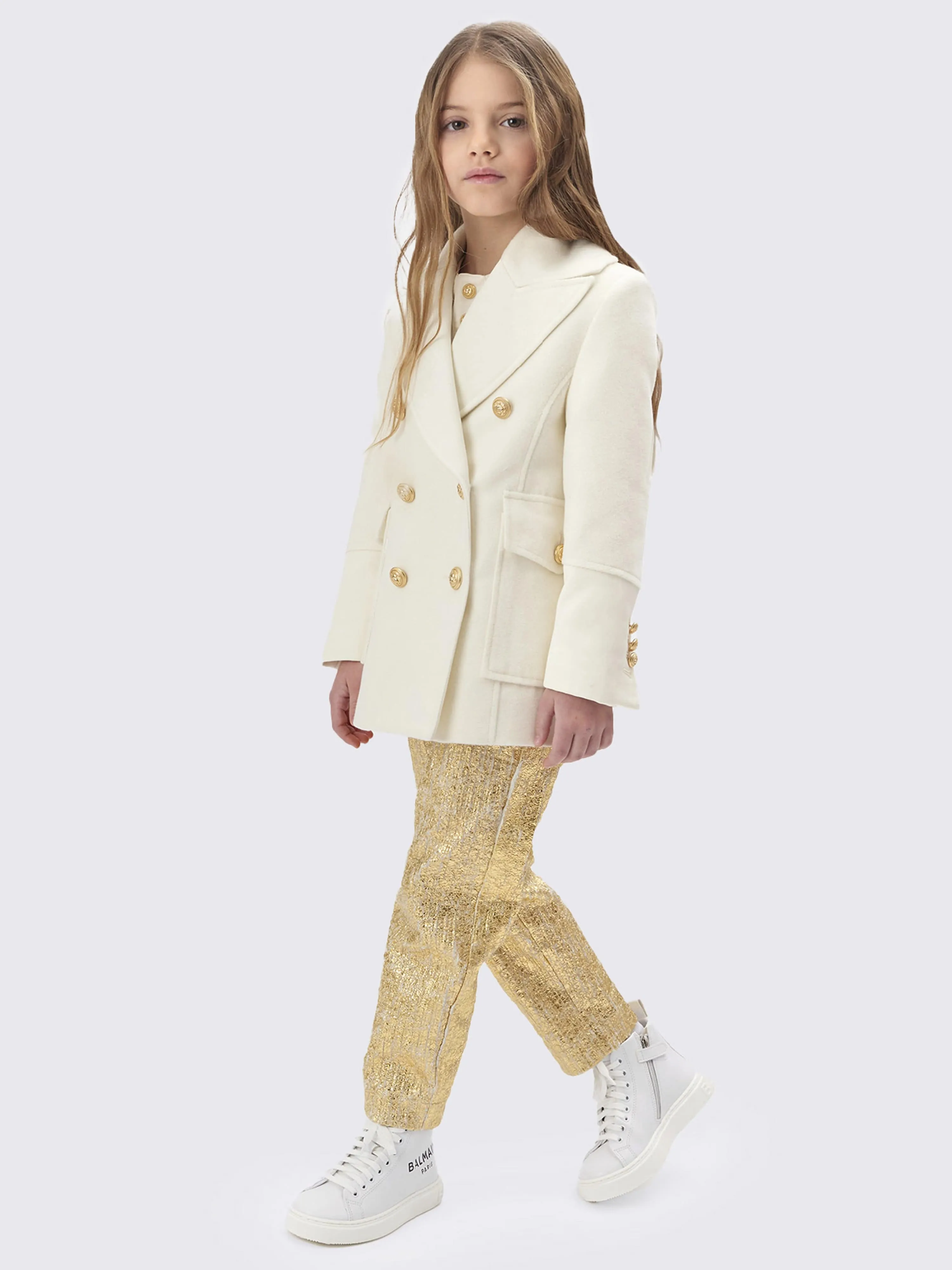 Balmain Girls Long Coat in Ivory