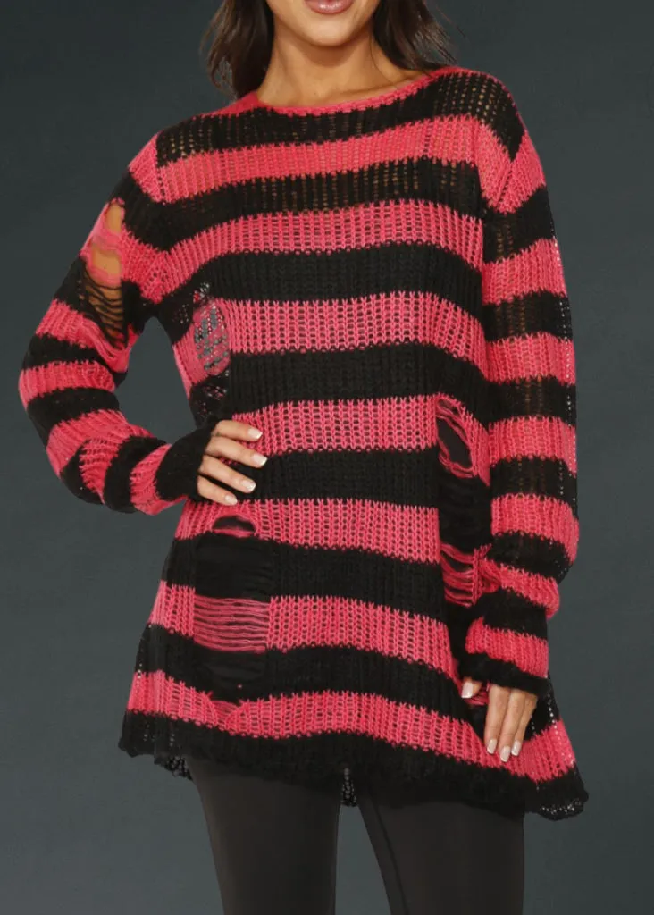 Black and Pink Striped Oversized Distressed Knit Sweater