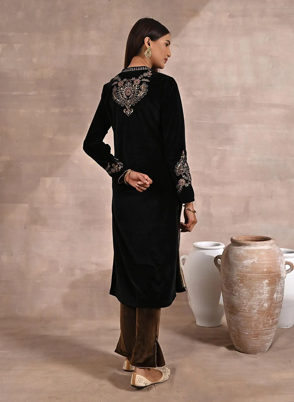 Black Velvet Kurta With Geometrical Sequins Work