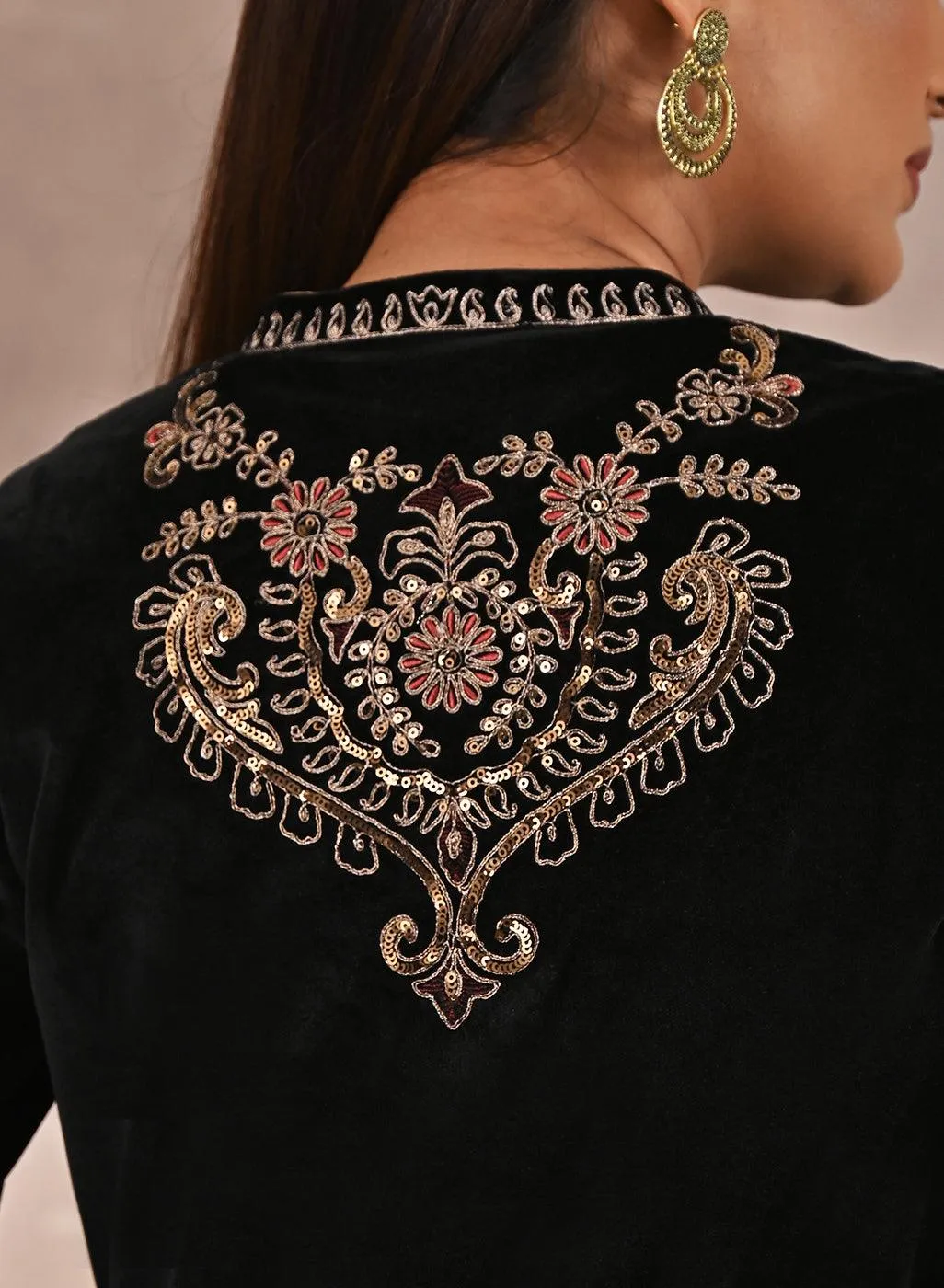 Black Velvet Kurta With Geometrical Sequins Work