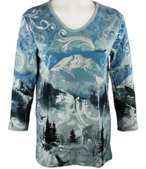 Cactus Bay Apparel - Blue Mountain, Rhinestones, Crew Neck, Blue Cotton Top