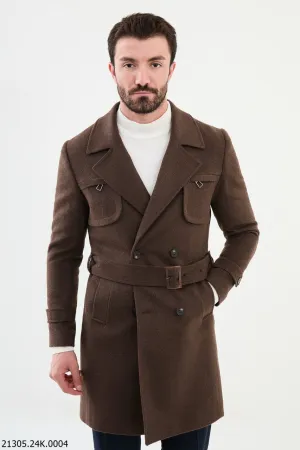 Classic Brown Belted Overcoat with Asymmetrical Button.