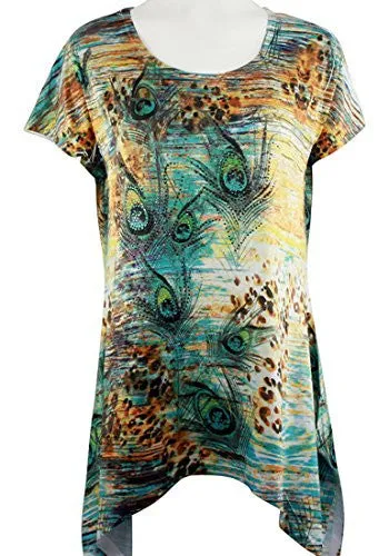 Creation - Peacock Feathers, Asymmetric Hem Geometric Print Tunic Top