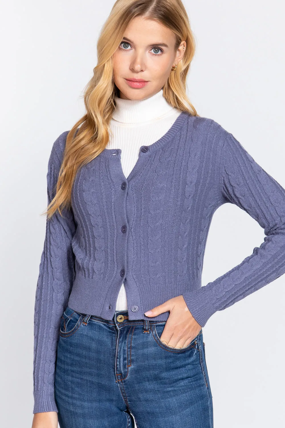 Crew Neck Cable Sweater Cardigan - 4 colors