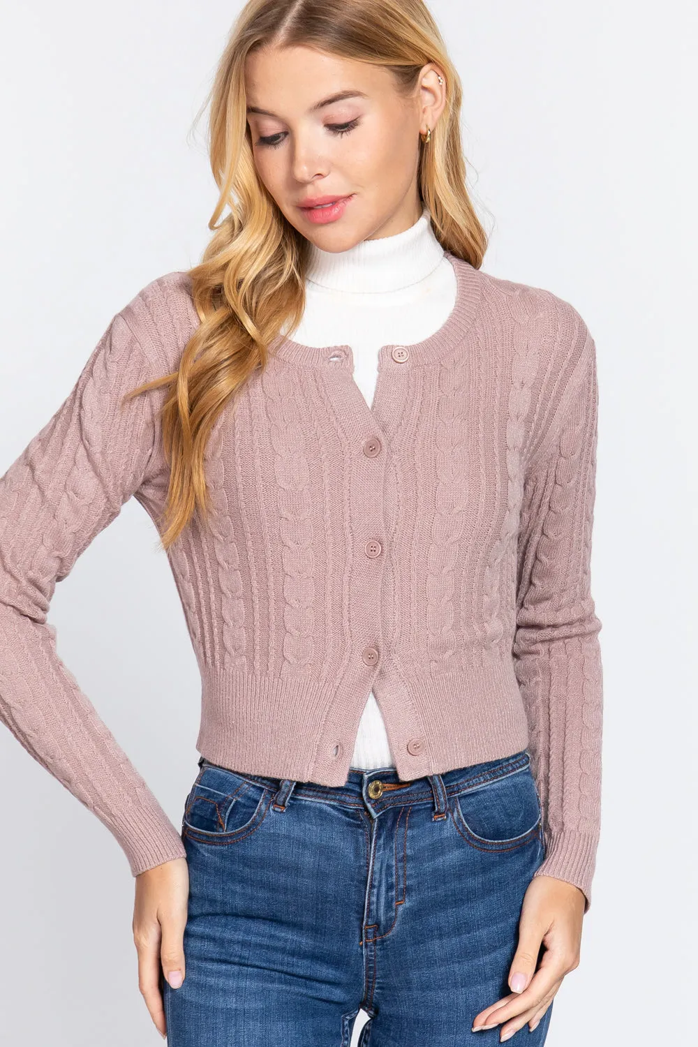 Crew Neck Cable Sweater Cardigan - 4 colors