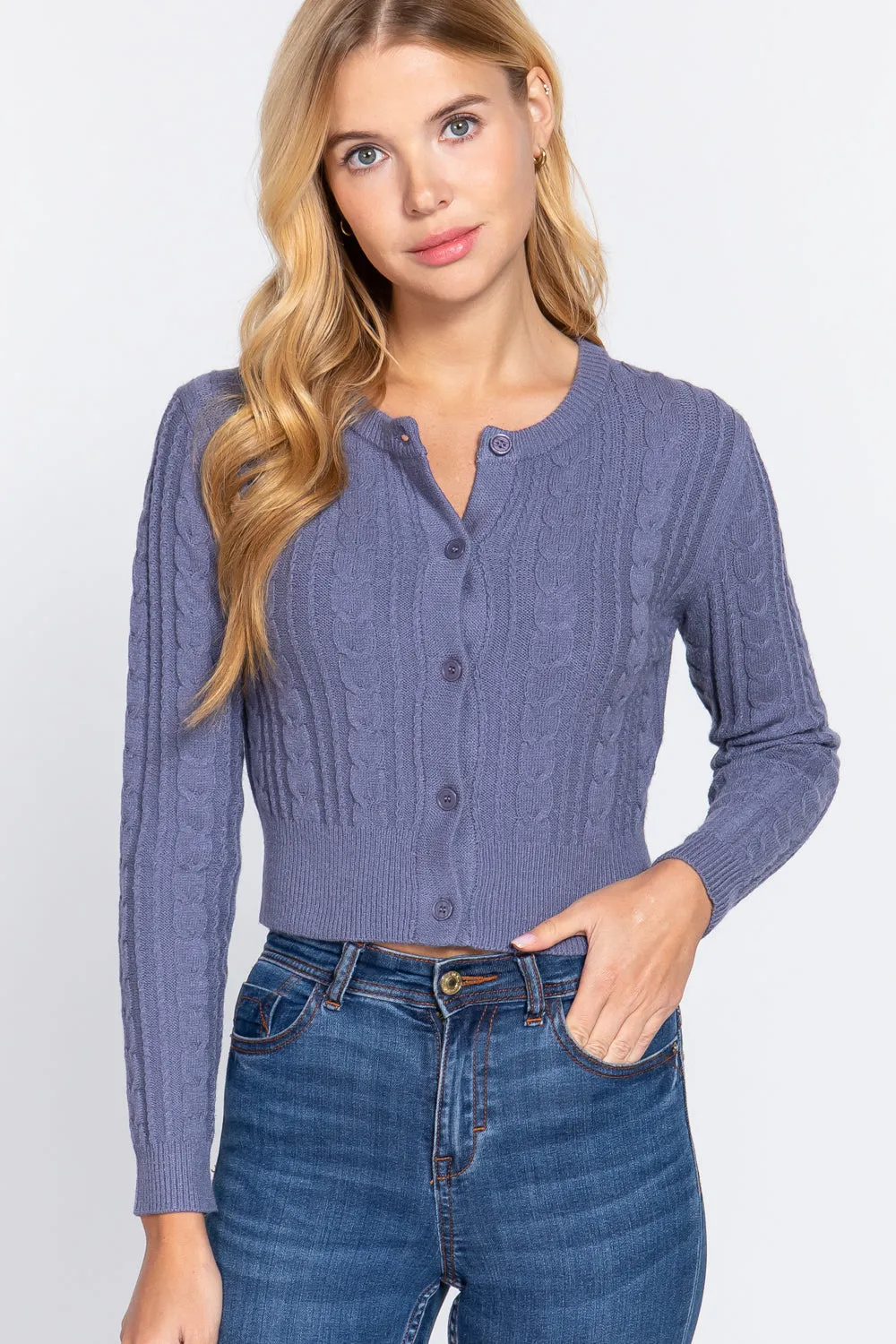 Crew Neck Cable Sweater Cardigan - 4 colors