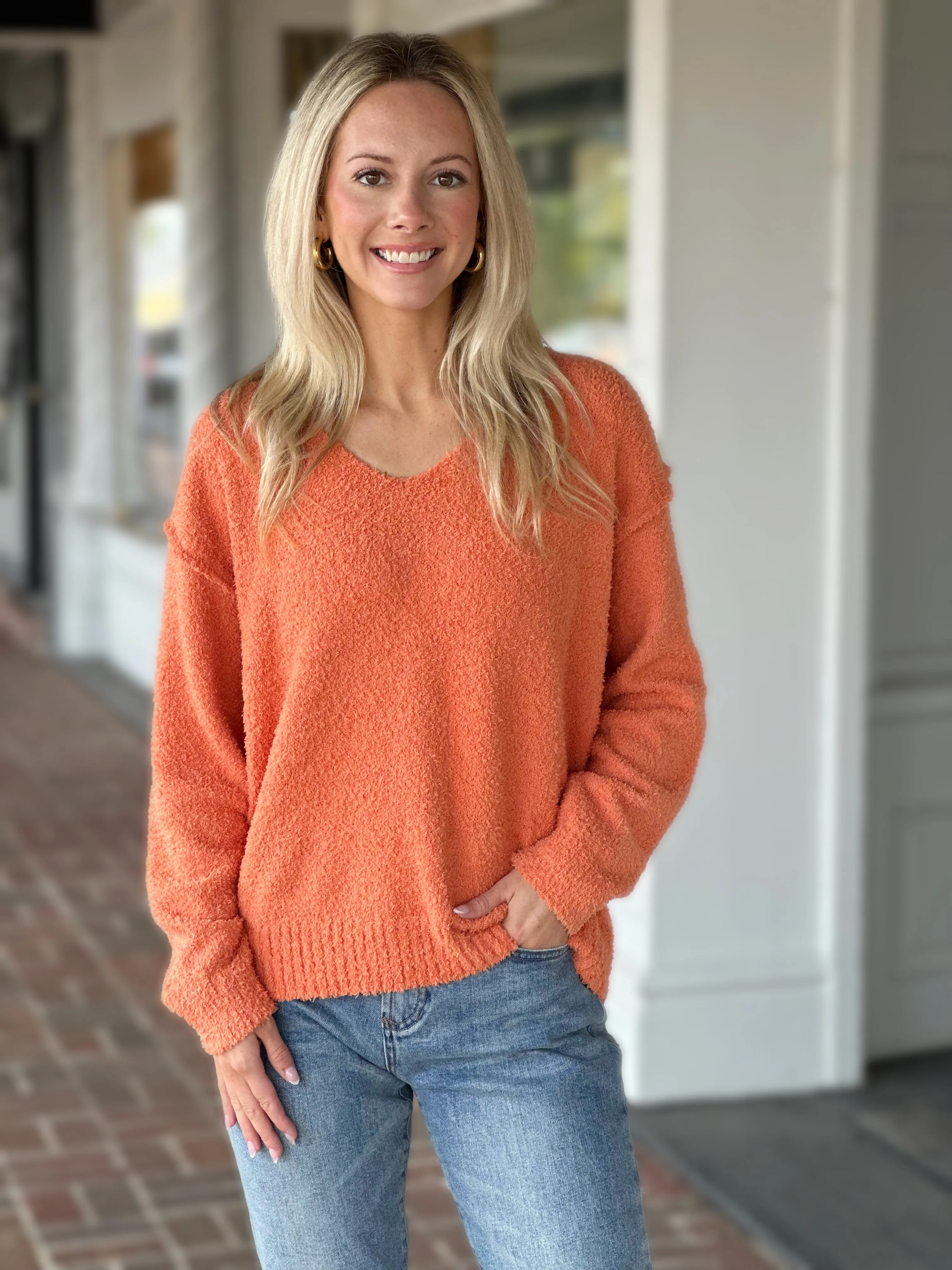 Dear John Calleen V Neck Long Sleeve Sweater in Kumquat