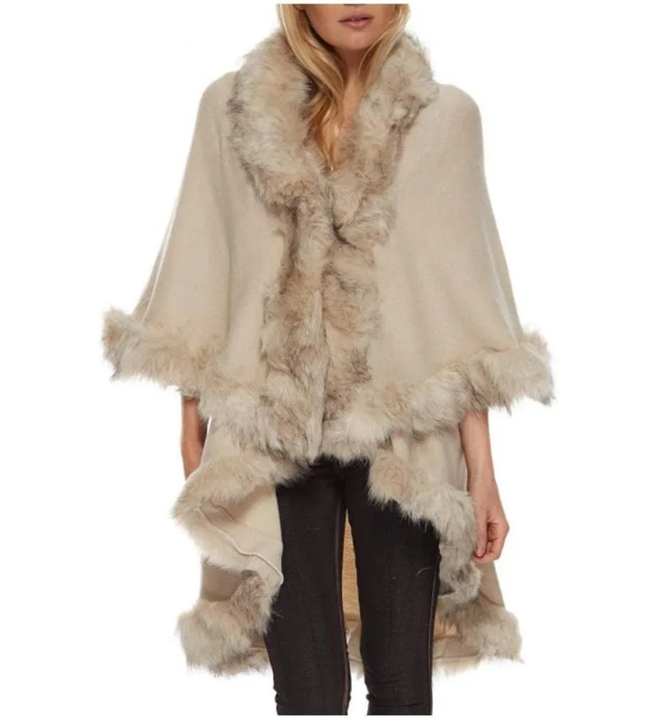 Double Layered Tonal Faux Fur Trim Poncho