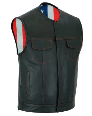 DS155 Men's Leather Vest with Red Stitching and USA Inside Flag Linin