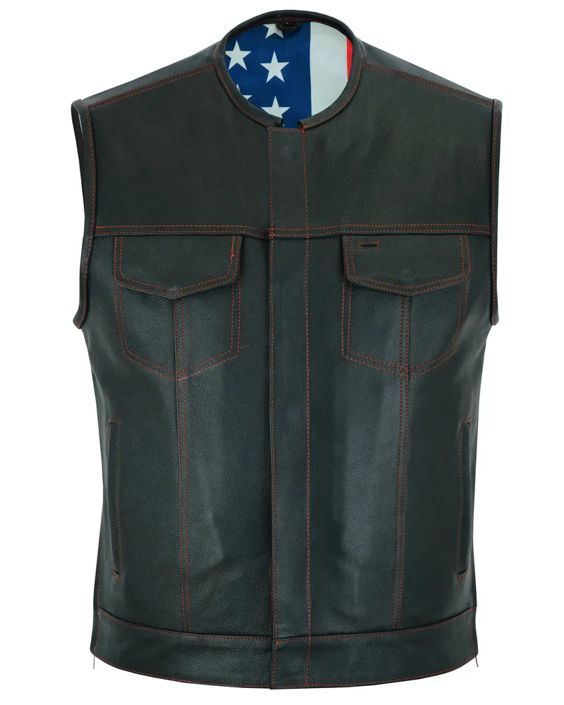 DS155 Men's Leather Vest with Red Stitching and USA Inside Flag Linin