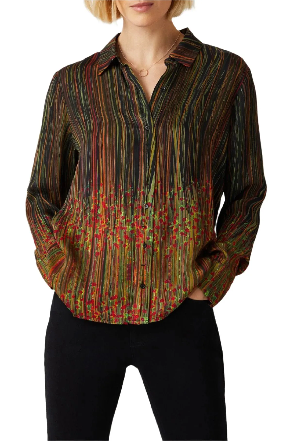 Ecru Designs Collared V-Neck Long Sleeve Multi Print Viscose Top