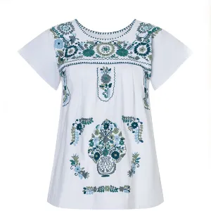 EMBROIDERED COTTON TOP "AQUA" IN WHITE