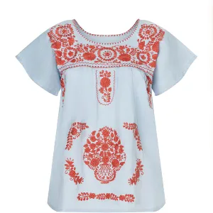 EMBROIDERED COTTON TOP "REEF" IN BABY BLUE