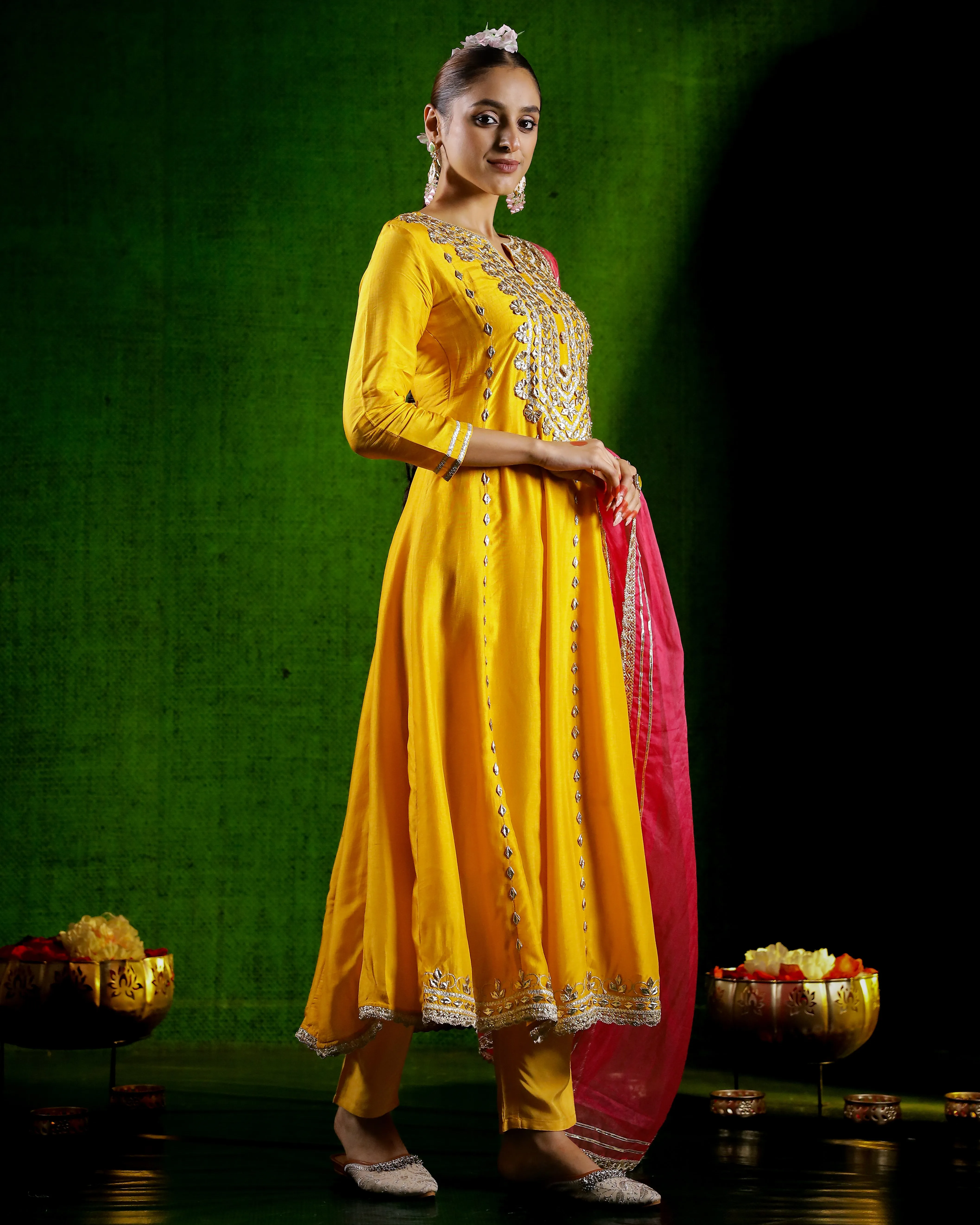 Festive Yellow Gotta Embroidered German Silk Anarkali Set