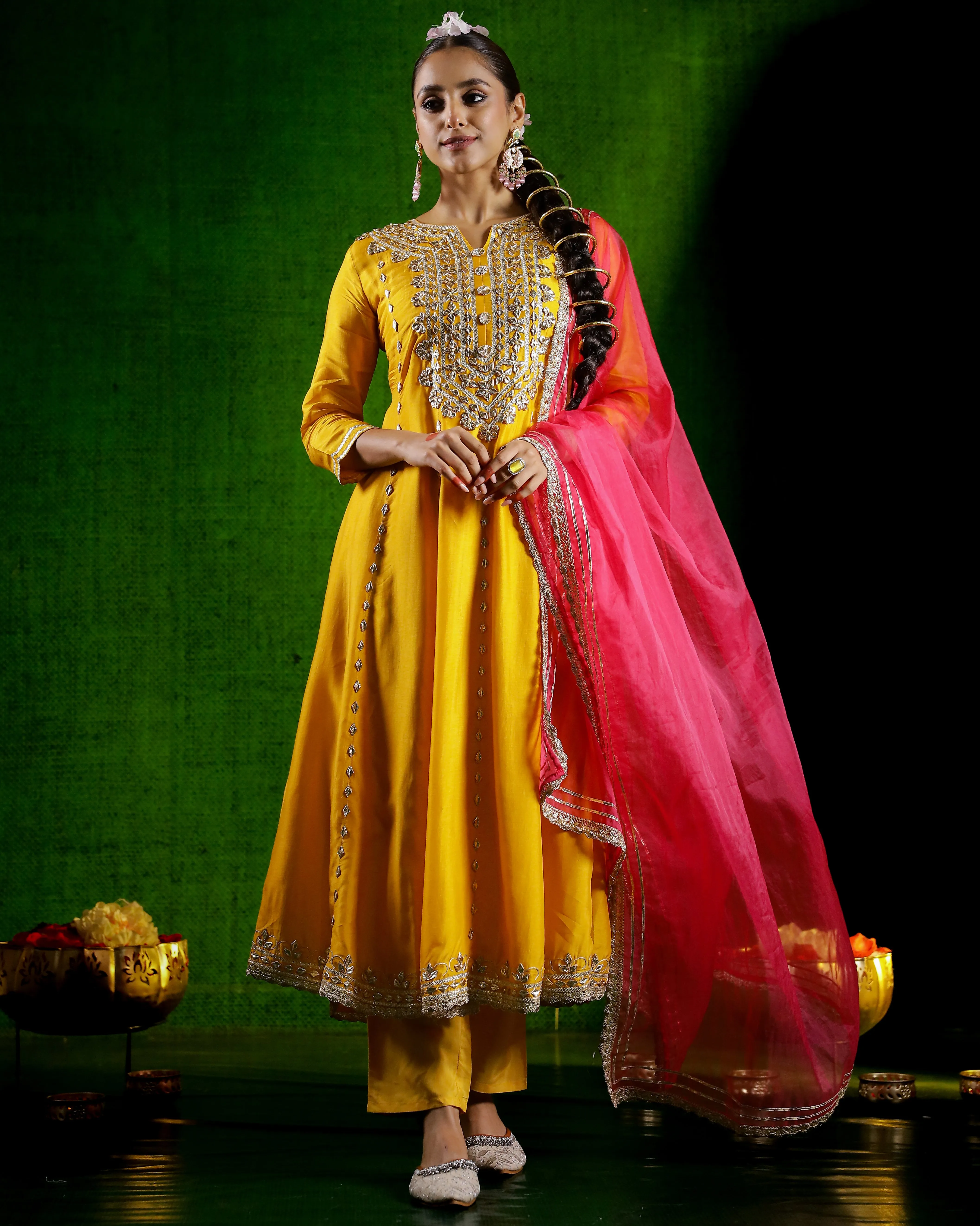 Festive Yellow Gotta Embroidered German Silk Anarkali Set