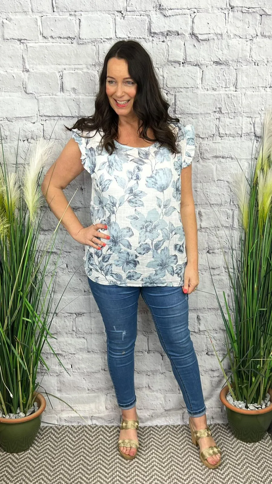 FIFI Floral Frill Sleeve Button Back Top