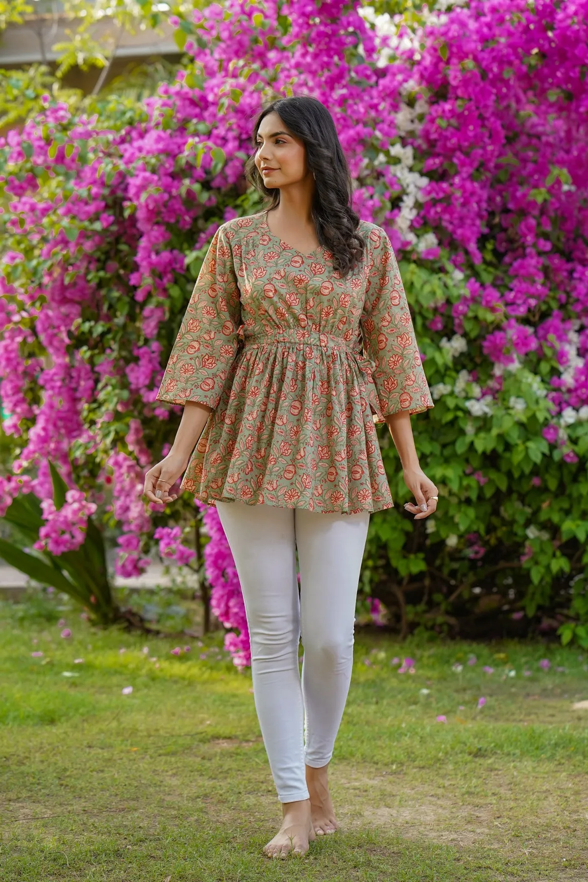 Floral Mosaic on Light Green Short Kurti