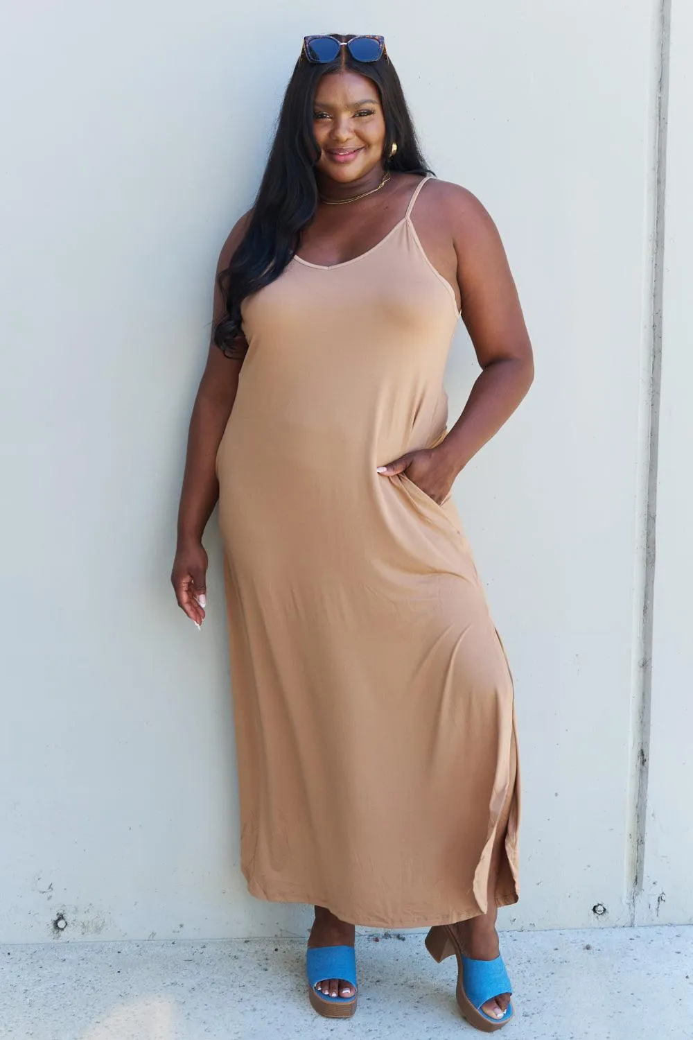 Full Size Cami Side Slit Maxi Dress in Camel