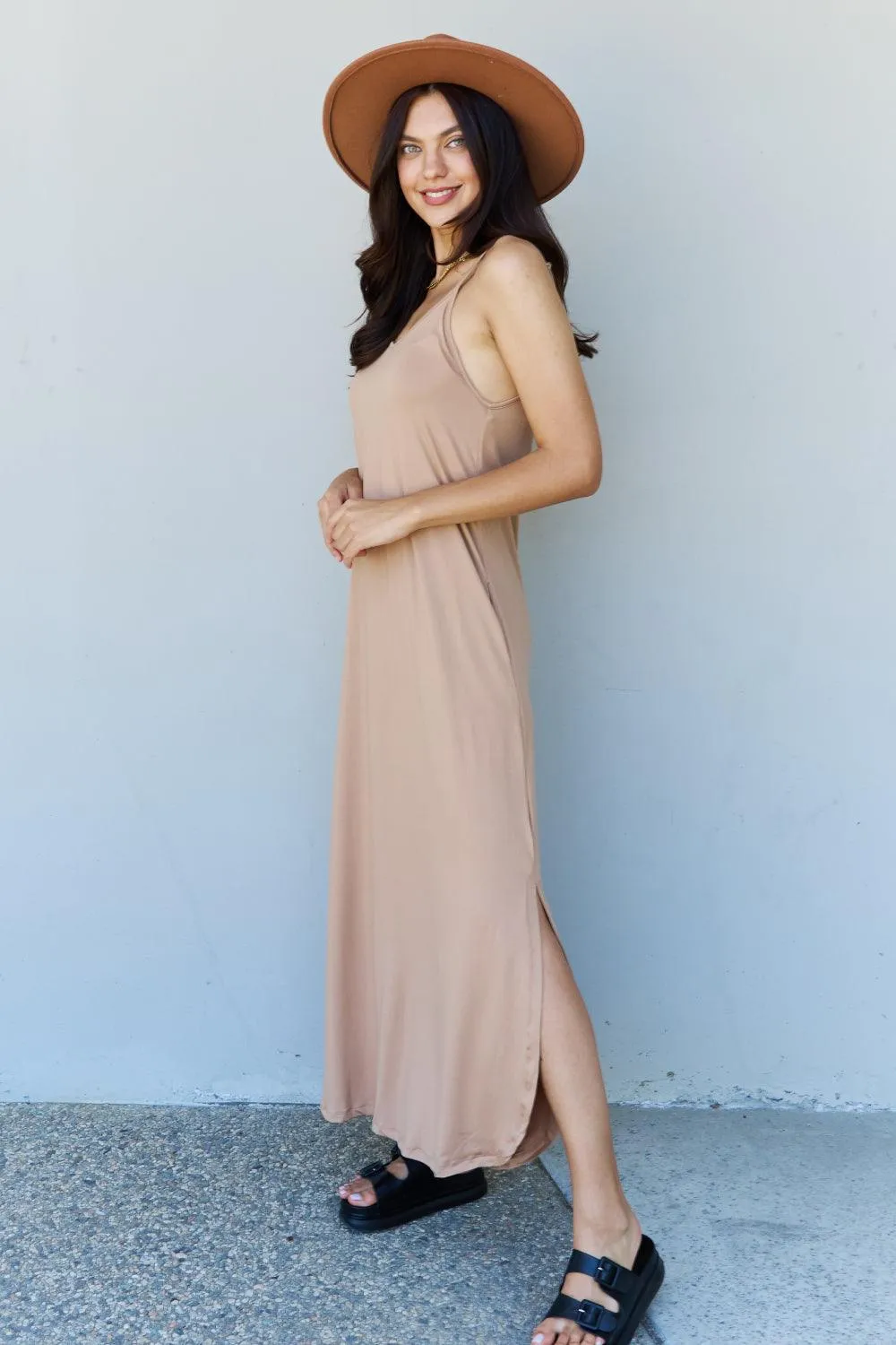 Full Size Cami Side Slit Maxi Dress in Camel