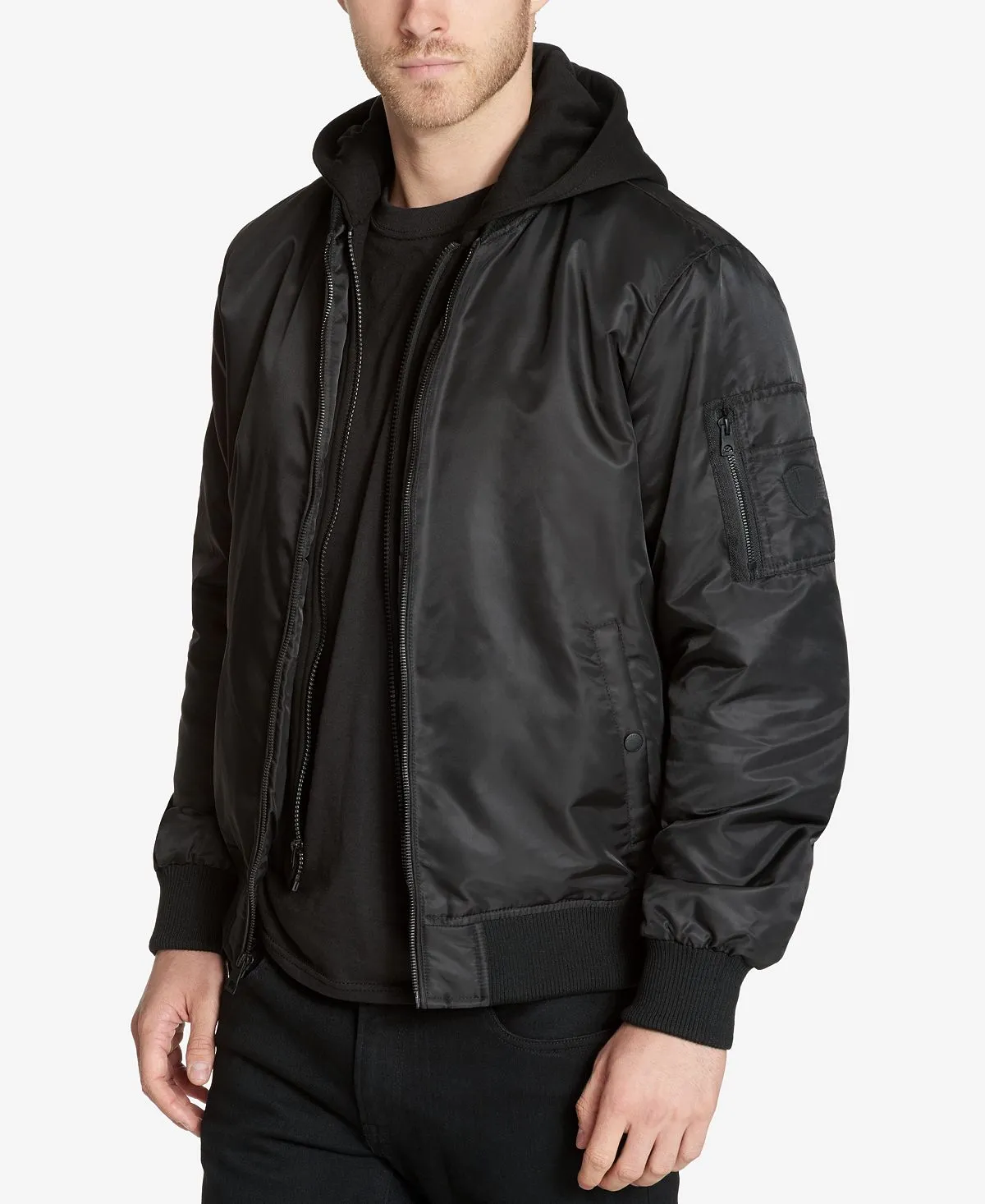 GUESS Men's Bomber Jacket with Removable Insert Hood