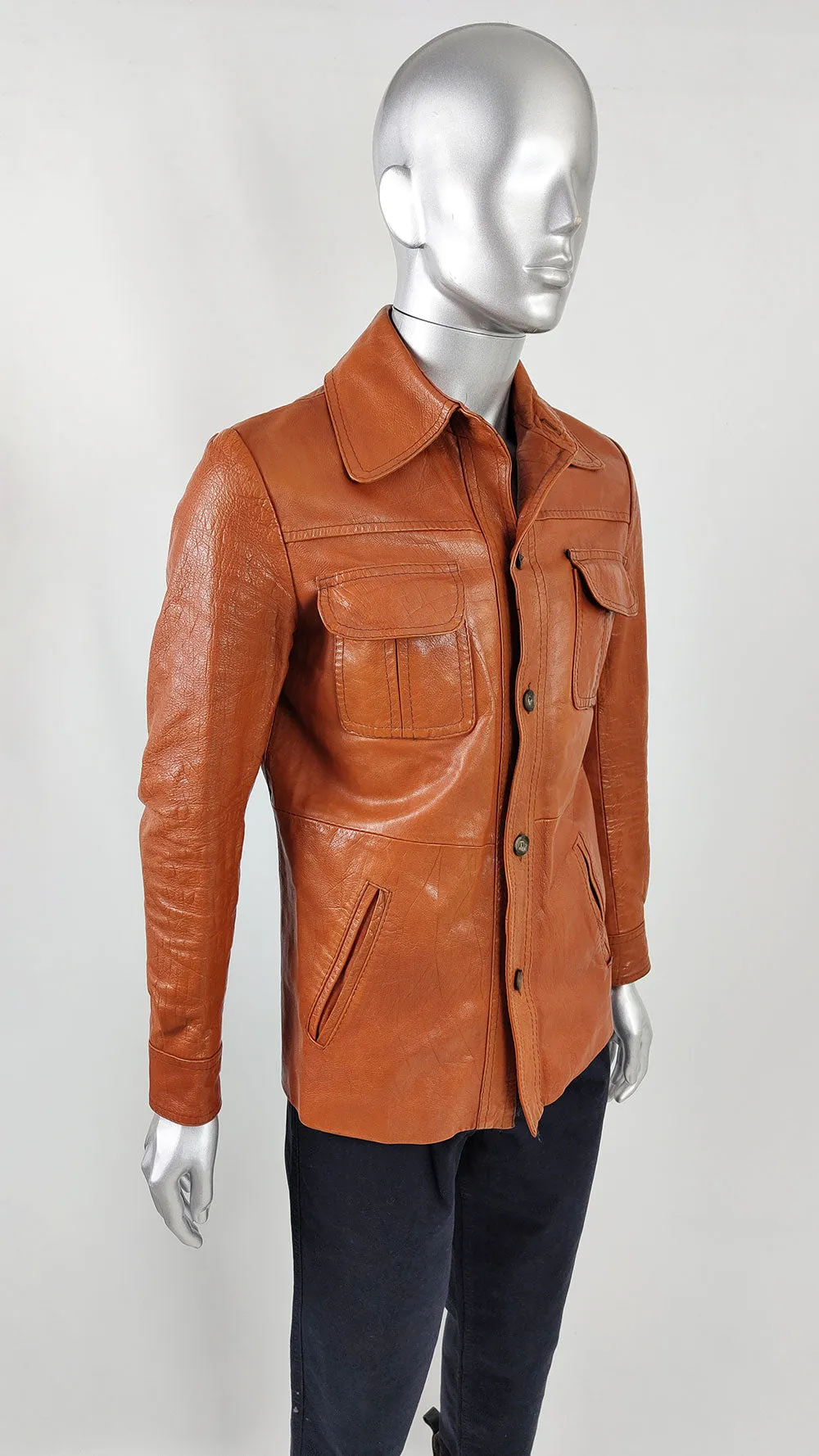 Hepworths Vintage 1970s Mens Burnt Orange Real Leather Jacket