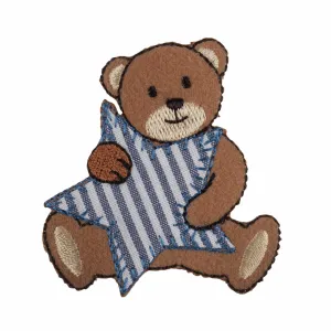 Iron-On/Sew On Motif Patch - Bear with Blue Stripe Star