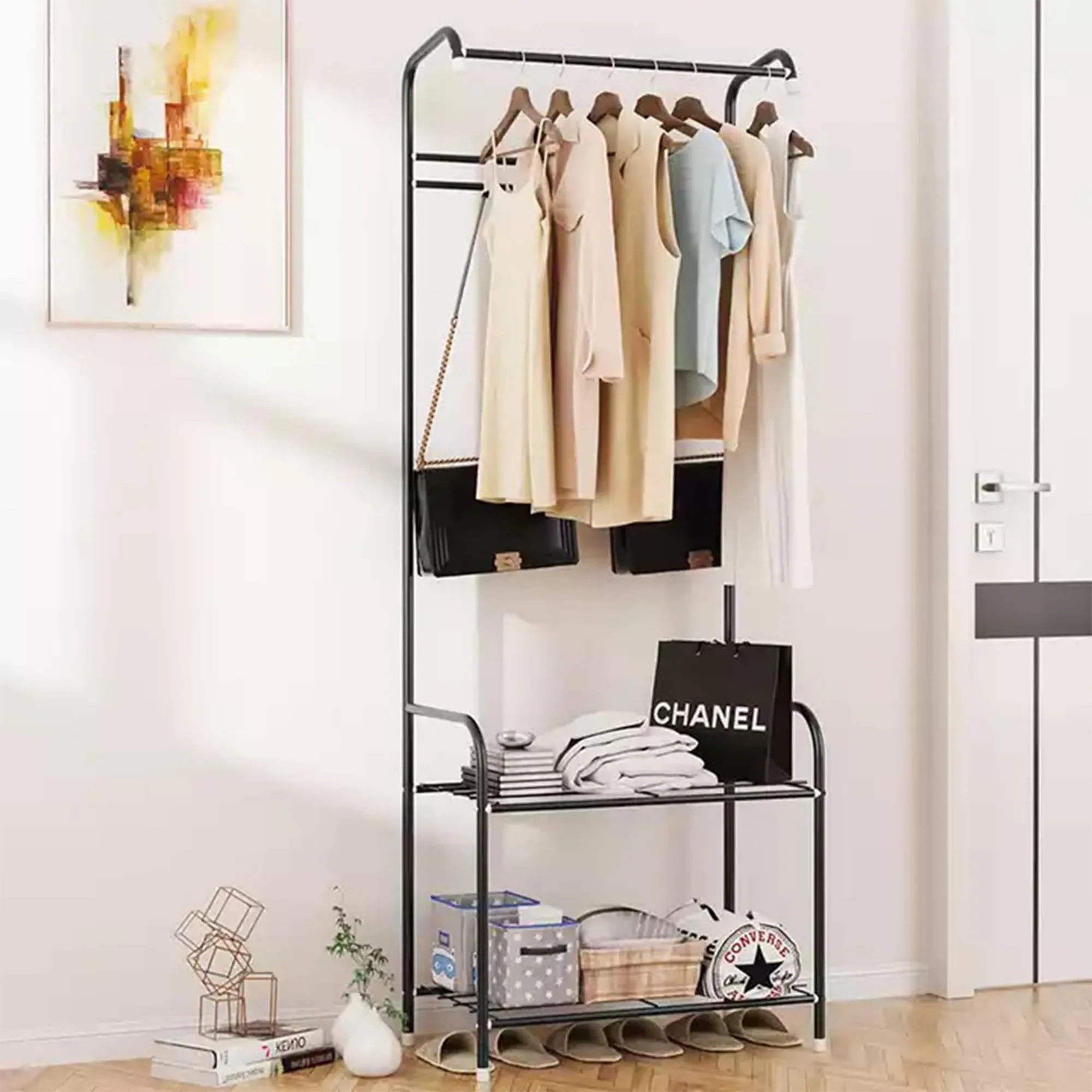 Kuber Industries Pack of 3 Cloth Hanger and Organiser for Coat Hat Handbag Umbrella | Display Rack for Home Office Showroom | Stainless Steel|Color-Black| HM003BK