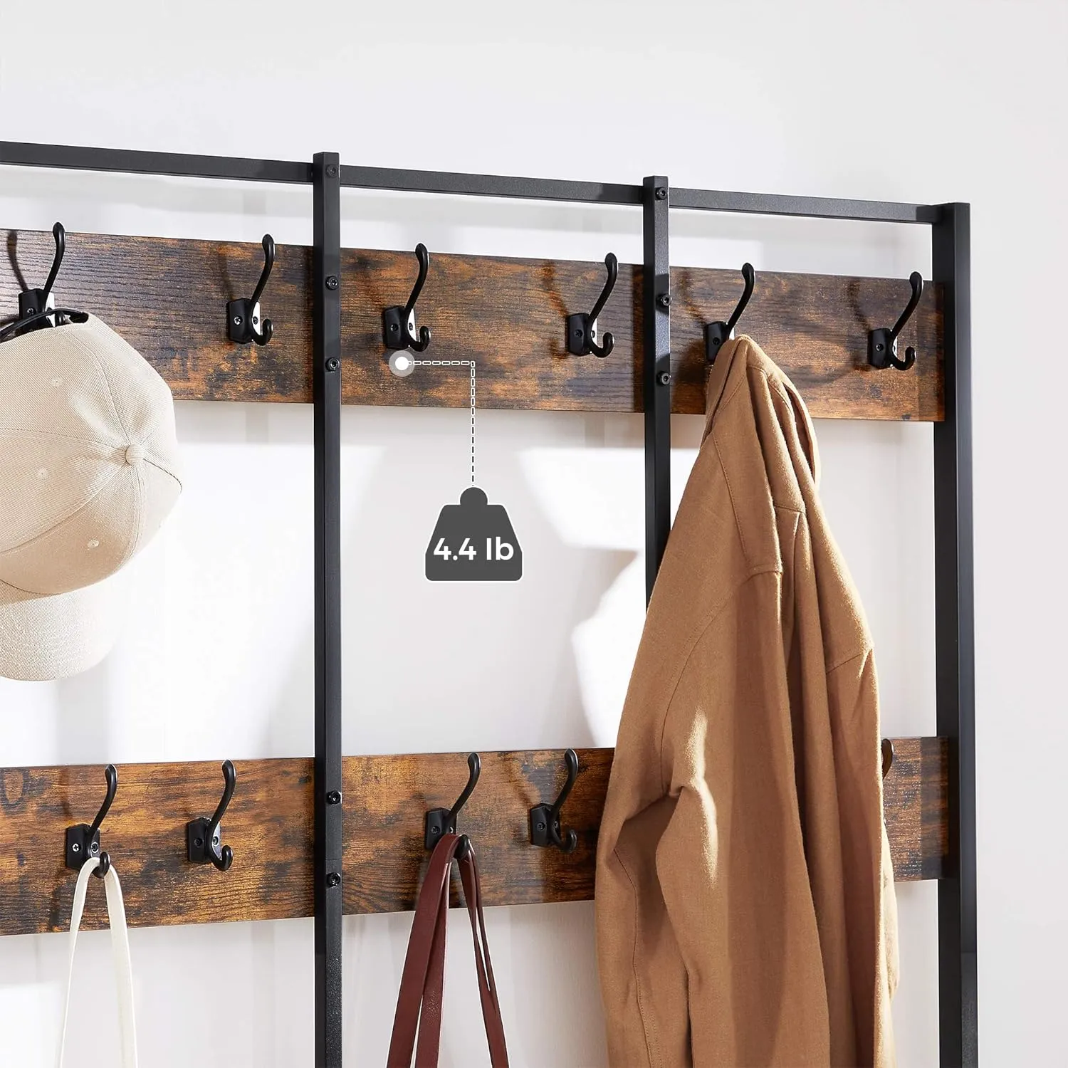 Large Coat Rack Stand, Coat Tree with 12 Hooks and Shoe Bench in Industrial Design