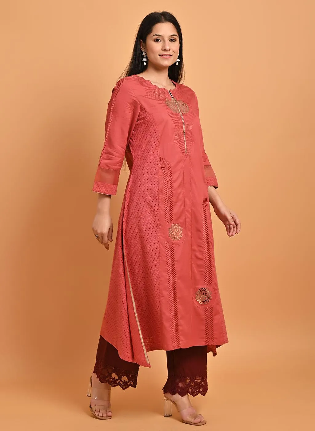 Light Maroon Embroidered Cotton Kurta with 3/4th Sleeves and Asymmetrical Hem