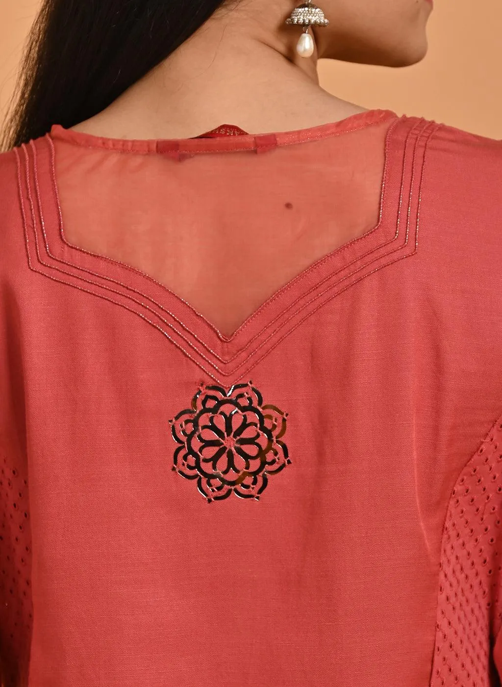 Light Maroon Embroidered Cotton Kurta with 3/4th Sleeves and Asymmetrical Hem