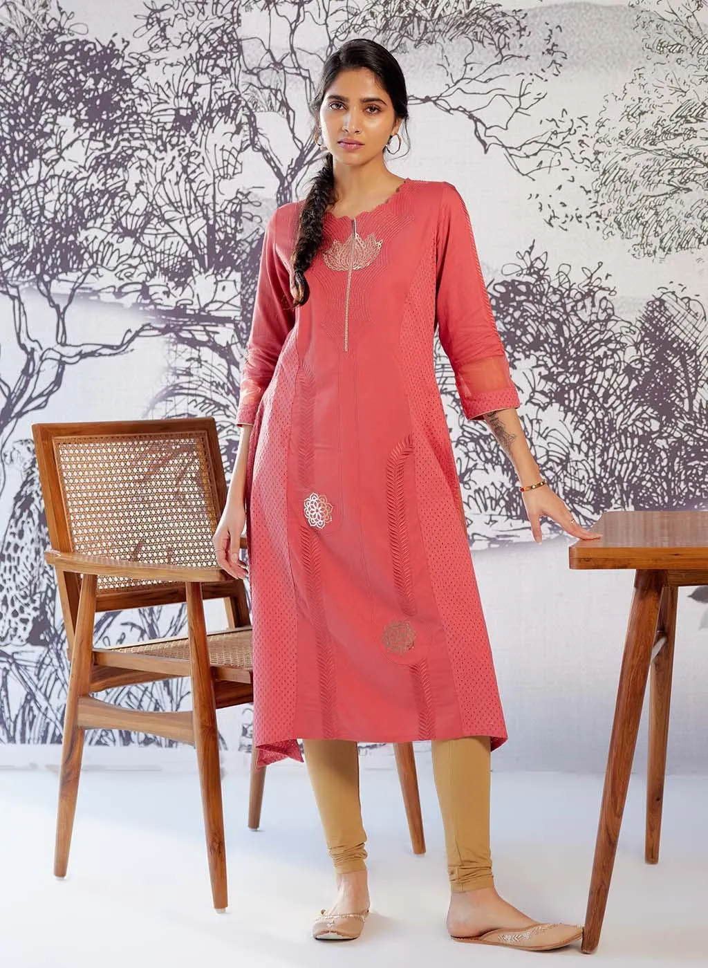 Light Maroon Embroidered Cotton Kurta with 3/4th Sleeves and Asymmetrical Hem