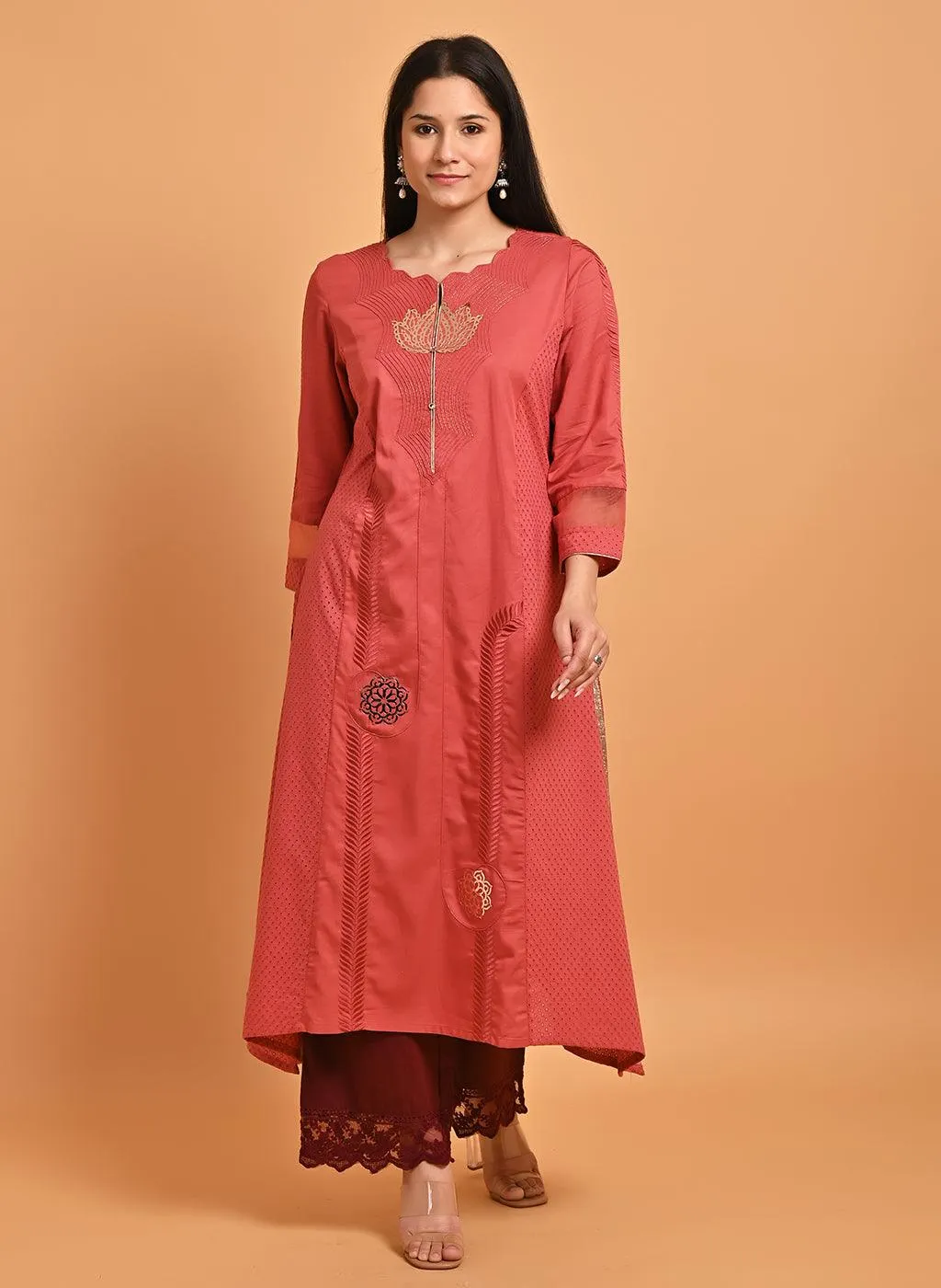 Light Maroon Embroidered Cotton Kurta with 3/4th Sleeves and Asymmetrical Hem