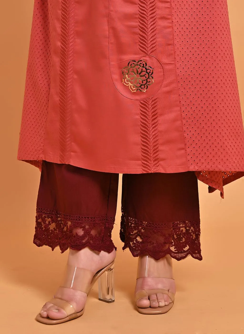 Light Maroon Embroidered Cotton Kurta with 3/4th Sleeves and Asymmetrical Hem