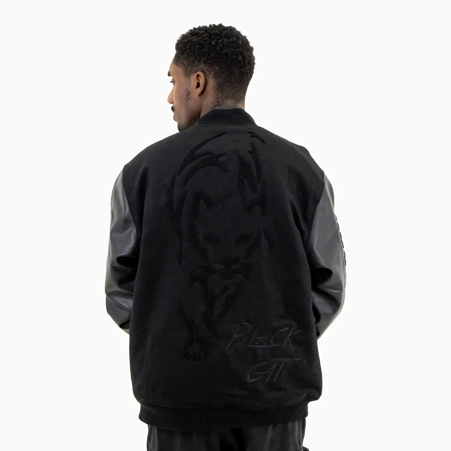 Men's Black Cat Wool Varsity Jacket