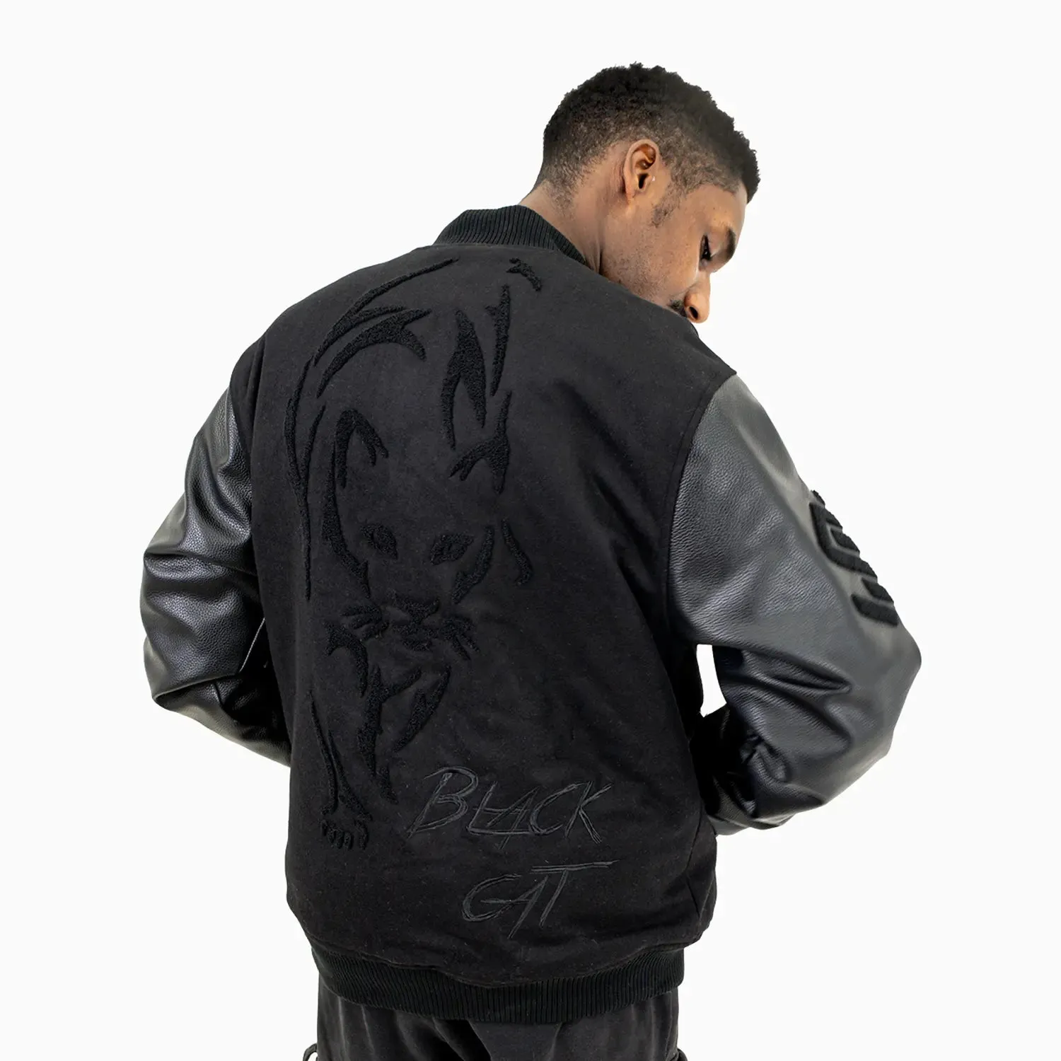 Men's Black Cat Wool Varsity Jacket