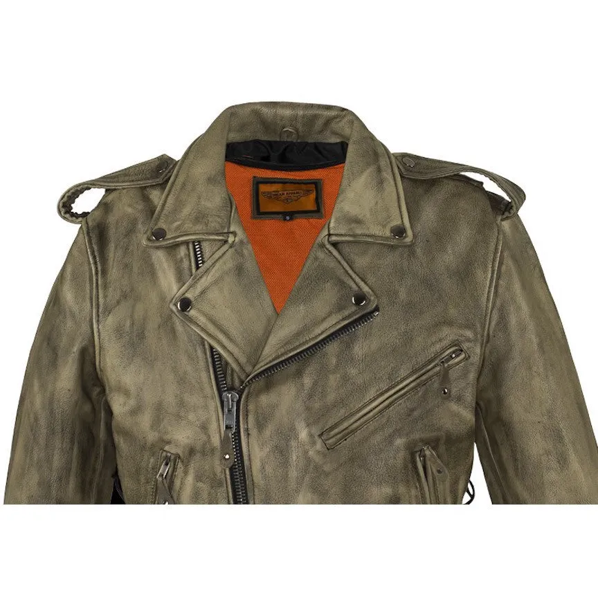 Mens Distressed Brown Classic Police Style Leather Motorcycle Jacket With Side Laces Solid Panel Back