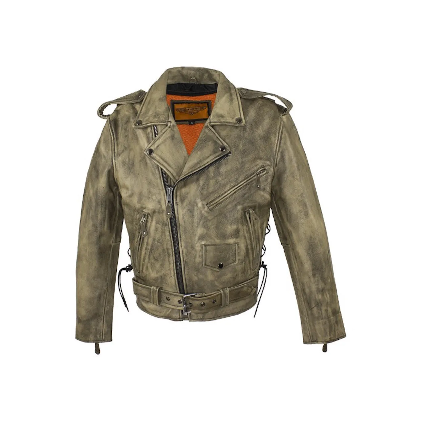 Mens Distressed Brown Classic Police Style Leather Motorcycle Jacket With Side Laces Solid Panel Back