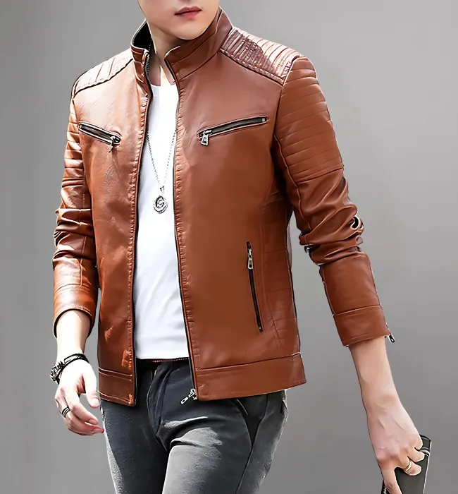 Stylish Stand Collar Mens Leather Motorcycle Jacket