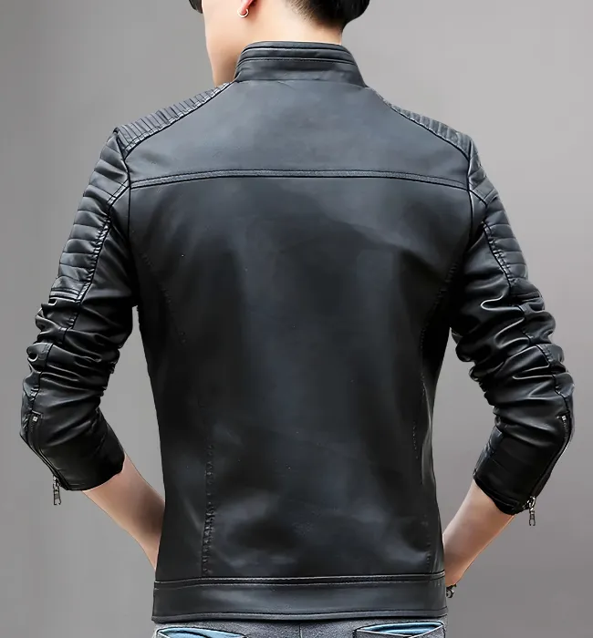 Stylish Stand Collar Mens Leather Motorcycle Jacket