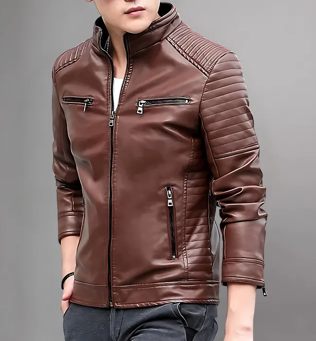 Stylish Stand Collar Mens Leather Motorcycle Jacket