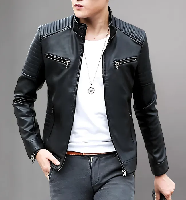 Stylish Stand Collar Mens Leather Motorcycle Jacket