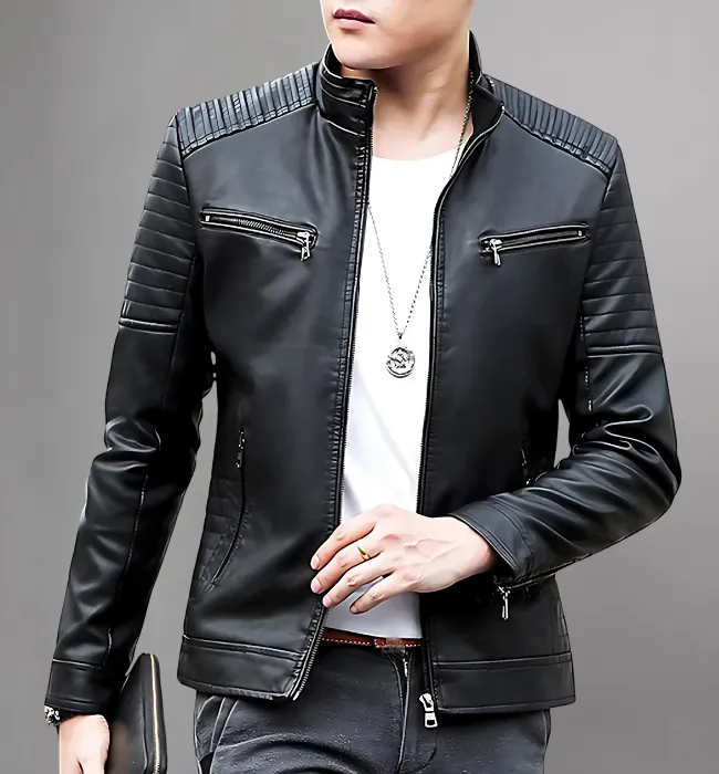 Stylish Stand Collar Mens Leather Motorcycle Jacket