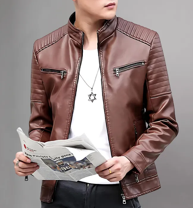 Stylish Stand Collar Mens Leather Motorcycle Jacket