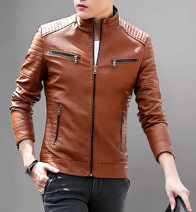 Stylish Stand Collar Mens Leather Motorcycle Jacket