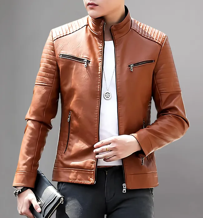 Stylish Stand Collar Mens Leather Motorcycle Jacket