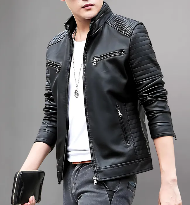 Stylish Stand Collar Mens Leather Motorcycle Jacket