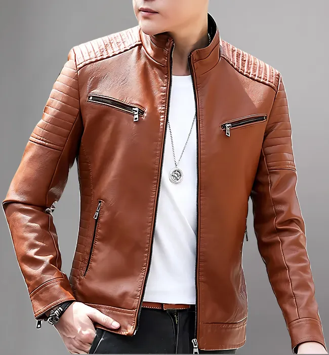 Stylish Stand Collar Mens Leather Motorcycle Jacket