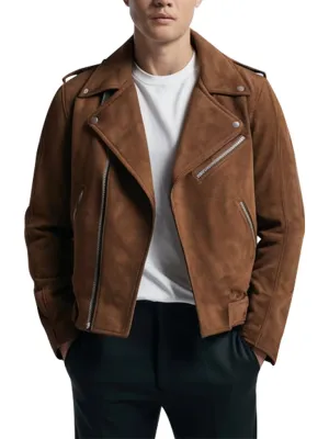 Men's Moto Style Brown Suede Biker Jacket